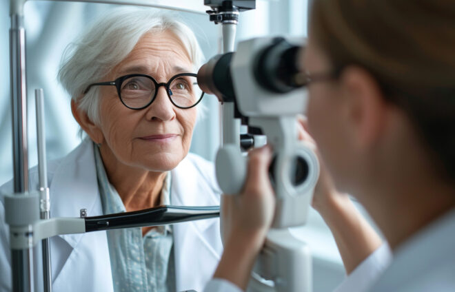 a doctor checks an elderly woman's eyesight.