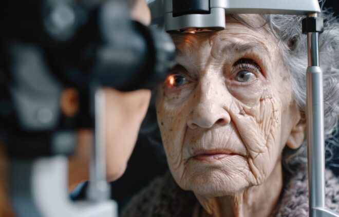 Older woman getting her eye checked by a doctor. Suitable for medical or healthcare concepts.